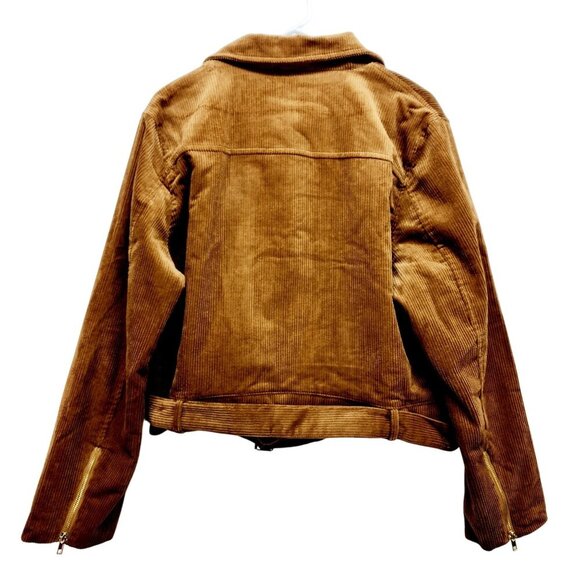 Brown Corduroy Moto Jacket With Belted Hem & Zip Pockets Size 2XL Womens - Picture 12 of 14